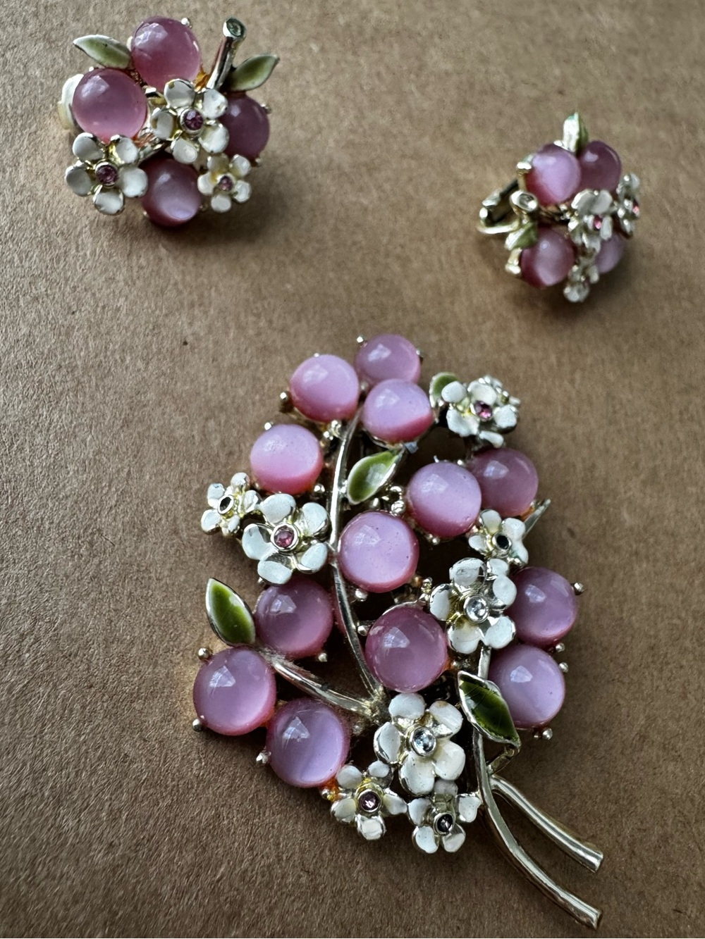 Unsigned PINK MOONSTONE FLOWERS and Enameled Leaves Brooch & Clip-On Earring Set